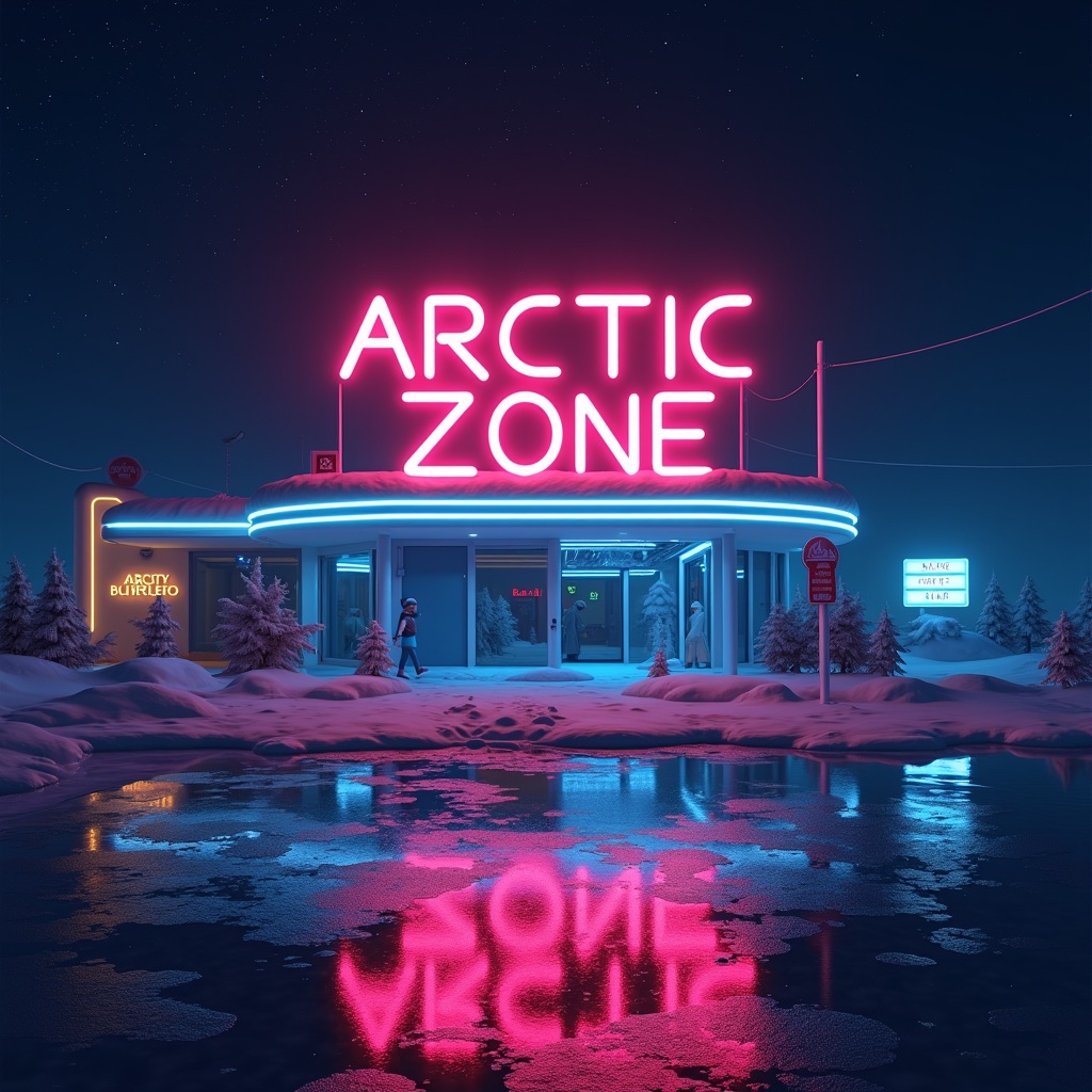 This image depicts a futuristic nighttime scene featuring a vibrant neon light sign that says 'Arctic Zone.' The setting is an icy landscape, with snow-covered ground and trees surrounding a contemporary building. The bright neon lights illuminate the area, creating a striking contrast against the dark sky. The reflection of the neon sign and building can be seen in a pool of icy water in front of it. The overall aesthetic embodies a retro-futuristic vibe, inviting viewers into a unique Arctic experience.