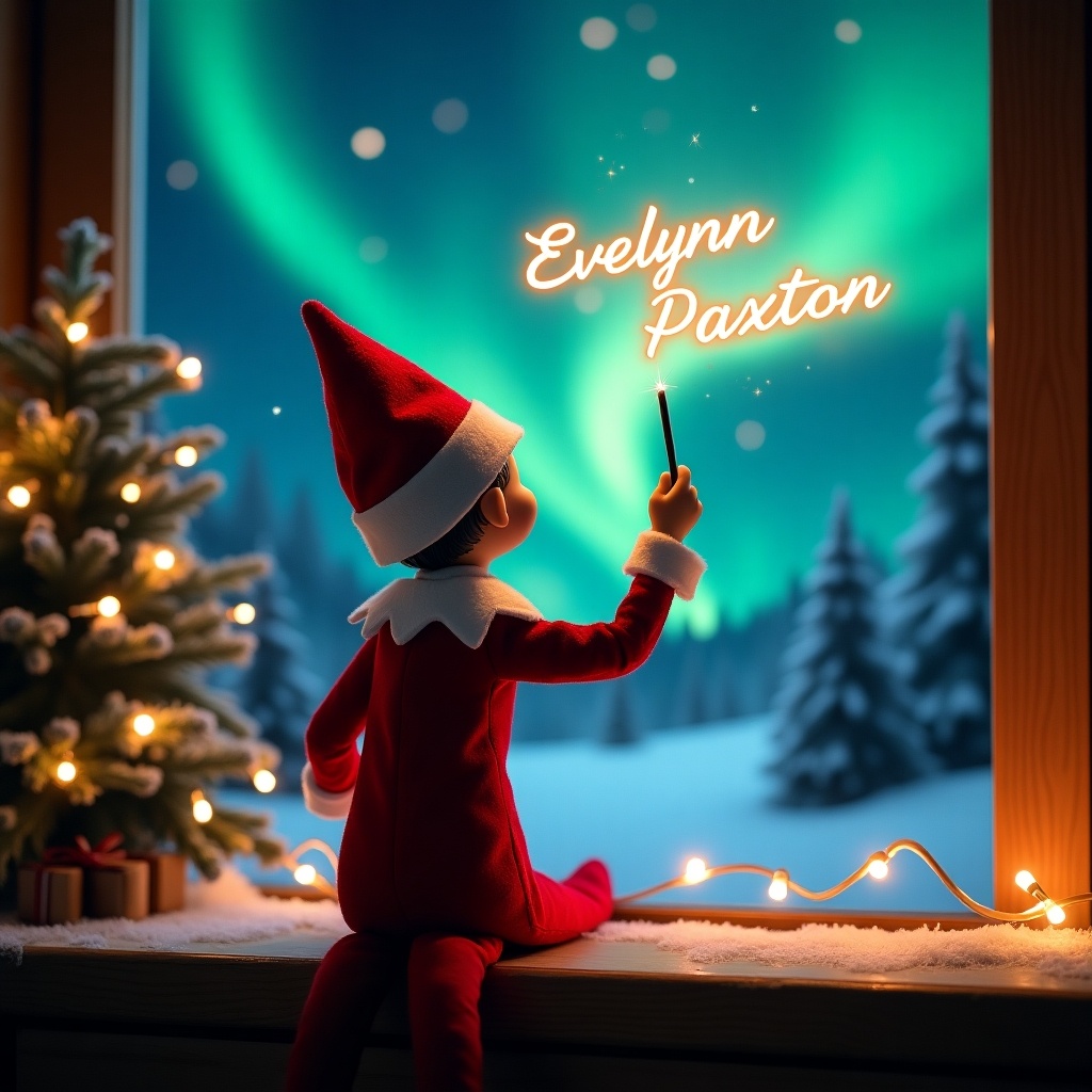 This image showcases an enchanting Christmas scene with an elf on the shelf. The elf, wearing a classic red and white outfit, faces the sky with his back to the viewer. He holds a magic wand, using it to write 'Evelynn' and 'Paxton' in glowing script. The backdrop features vibrant northern lights, enhancing the magical ambiance. The surrounding decor includes a Christmas tree with twinkling lights, emphasizing the festive spirit. This whimsical portrayal captures the joy and excitement of the holiday season.