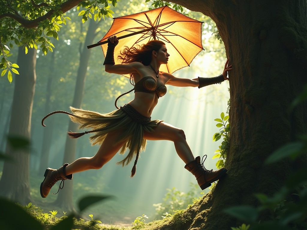 A warrior-like figure leaps gracefully through a sun-dappled forest, holding a yellow umbrella that contrasts with the natural surroundings. Clad in tribal attire with leather and foliage, the figure embodies a blend of strength and elegance. The forest is lush with greenery, and shafts of sunlight filter through the trees, creating a magical atmosphere.