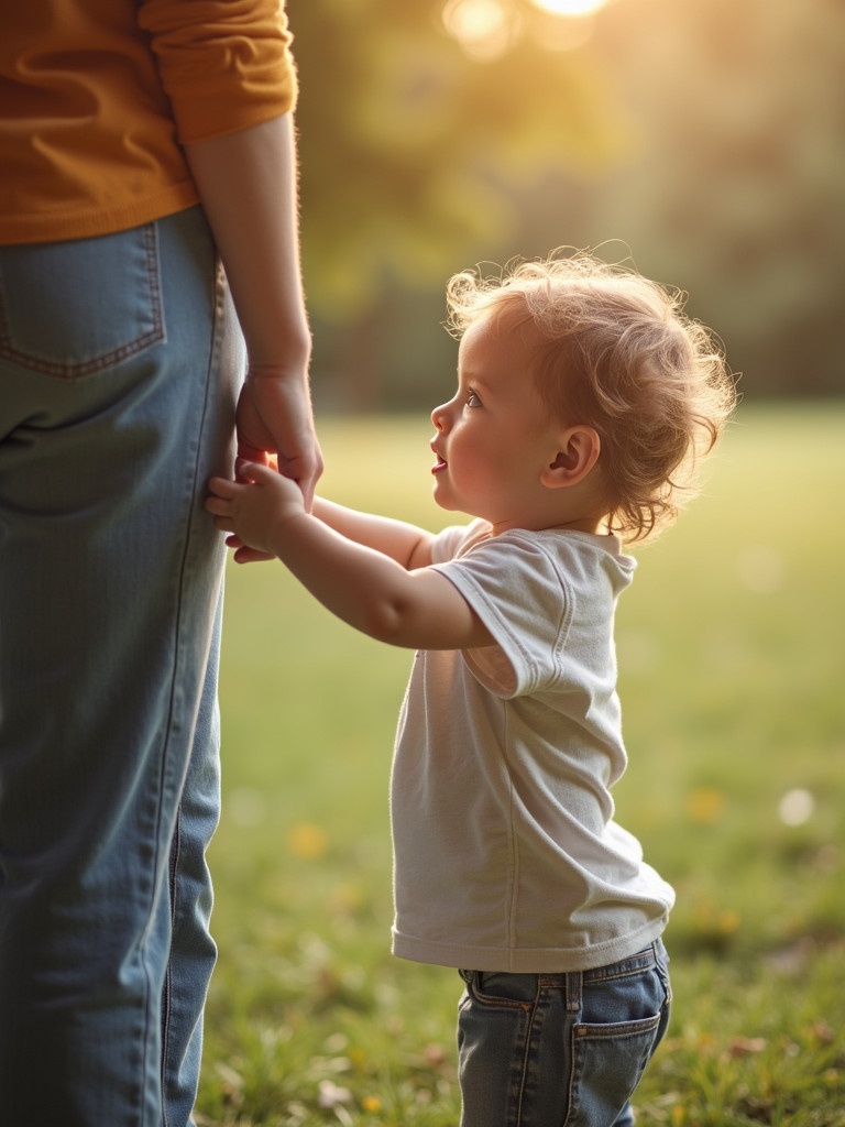 Child holding an adult's hand in a natural outdoor setting under soft golden light. Background features blurred greenery. The intimate moment highlights the relationship.