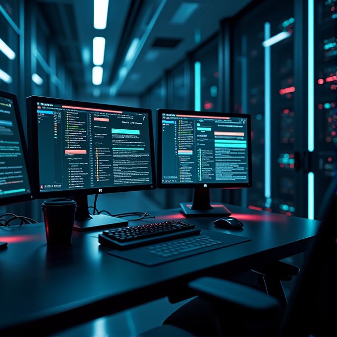 A dark, cyber-themed server room with dual monitors displaying code and a sleek desk setup.