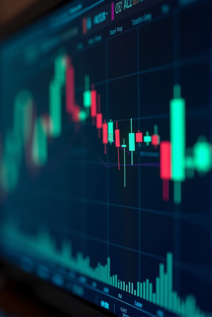 A digital display showing a vibrant stock market chart with candlesticks in red and green hues.