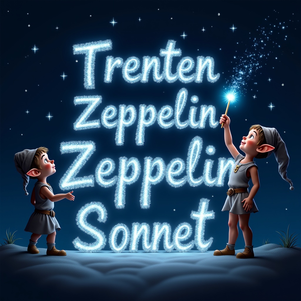 An elf uses a magical wand to write names in sparkling text against a starry night sky. The names 'Trenten', 'Zeppelin', and 'Sonnet' are crafted with a glowing effect. The background is dark with white and light blue letters. The scene conveys magic and wonder, resembling a fairy tale.