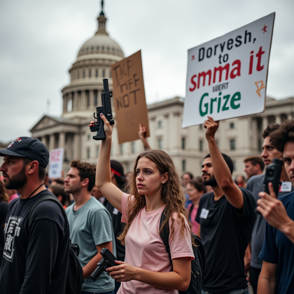 A crowd gathers in front of a government building, holding signs with various messages.