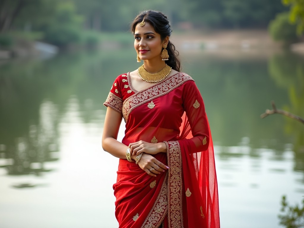 The image features a woman gracefully posing in a vibrant red saree adorned with intricate gold embroidery. She stands by a serene water body, which reflects the peaceful surroundings. The woman accessorizes with matching jewelry that complements her attire, including earrings and a necklace. Her hair is styled elegantly, adding to her graceful appearance. The natural lighting enhances the colors of her outfit and the tranquility of the background. This captivating scene embodies traditional Indian beauty and cultural richness.