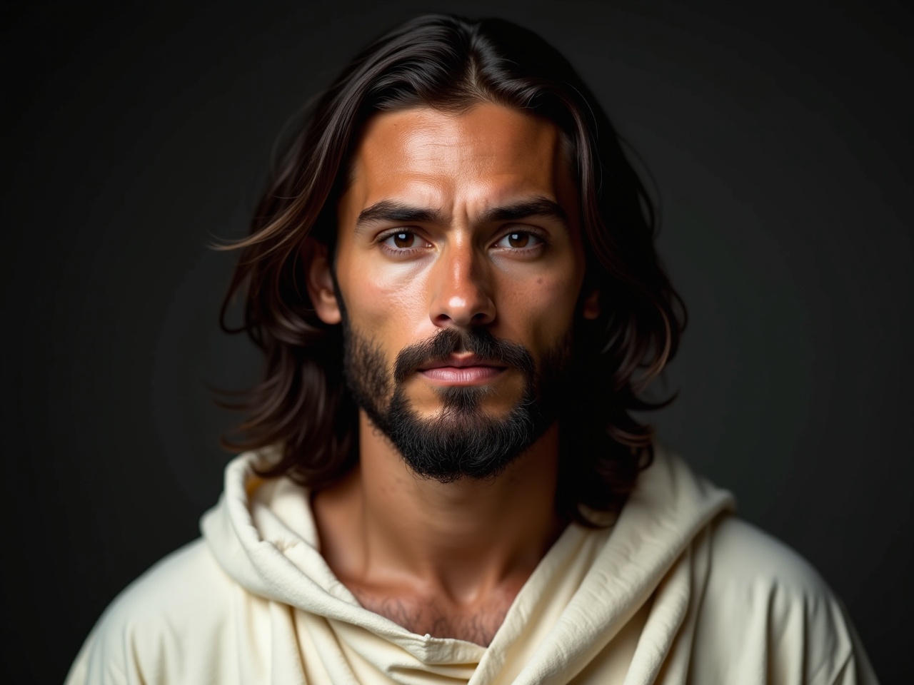 An adult person with caramel skin tone and really dark brown hair is wearing a white robe reminiscent of traditional depictions of Jesus Christ. Their face is clean with no visible marks or imperfections. They have really dark black eyes that give a mysterious, intense look. The mouth is closed, adding to the serene expression. The overall appearance is realistic and of good quality, highlighting the details of the clothing and facial features.