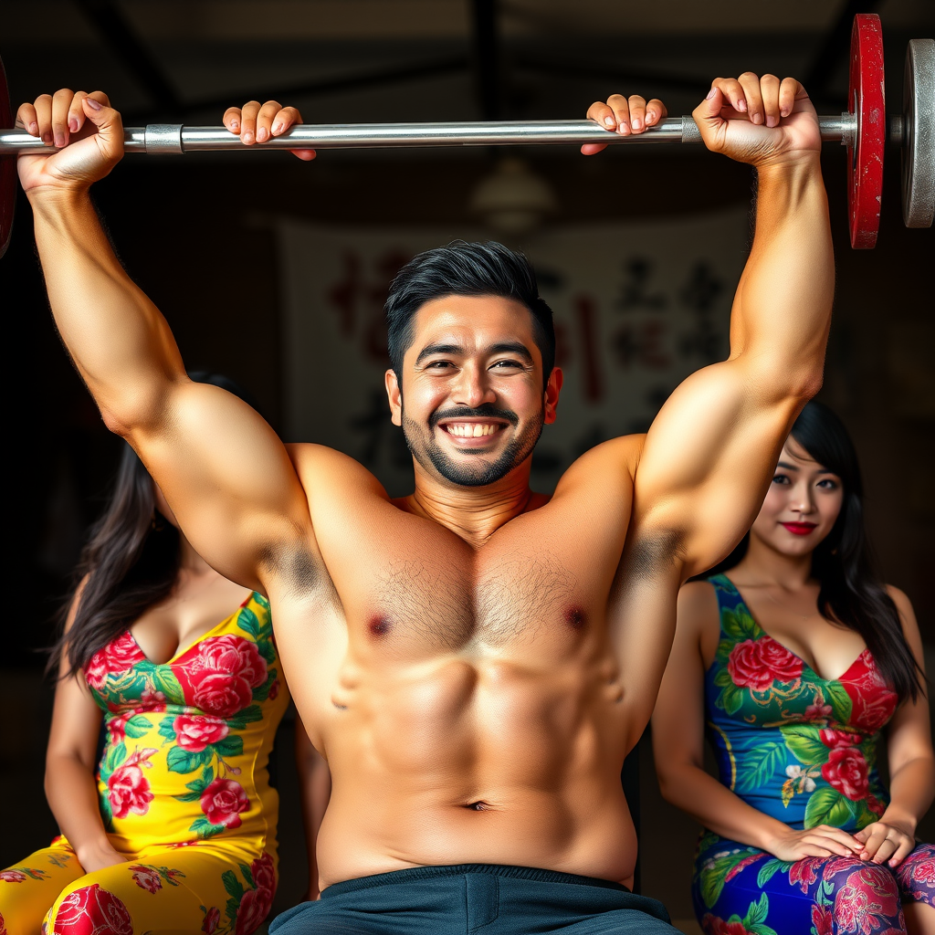 A muscular, smiling man lifts weights with two women in floral dresses sitting behind him.