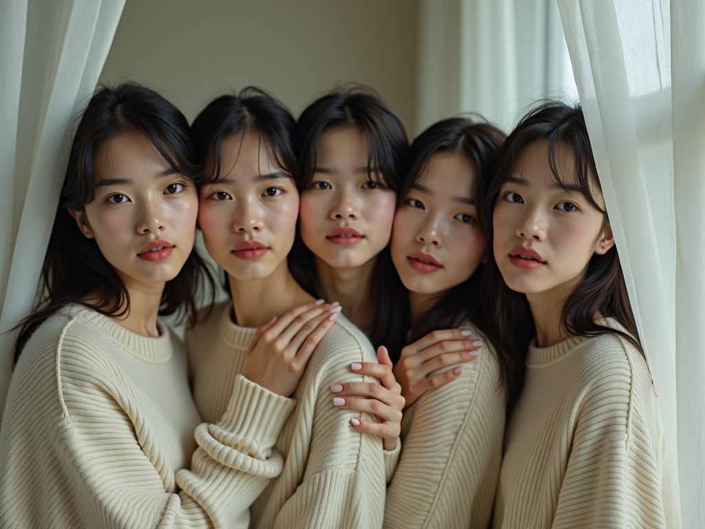 The image features five women standing closely together by a sheer curtain. They all wear matching cream sweaters, presenting a serene and harmonious atmosphere. The soft, natural light filtering through the curtains enhances the gentle expressions on their faces, creating a feeling of unity and connection.