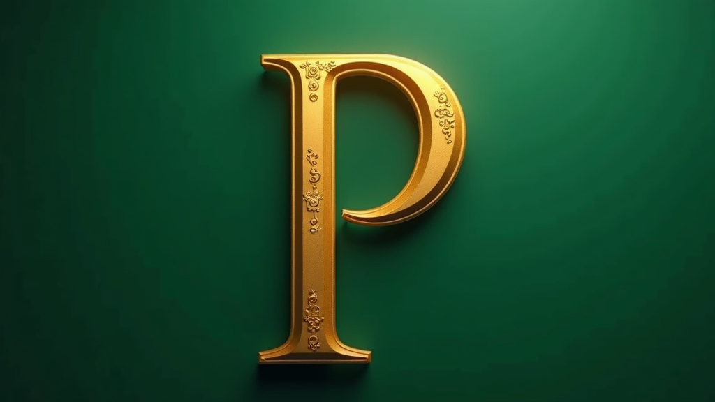 A golden letter 'P' adorned with intricate floral engravings set against a rich dark green background.