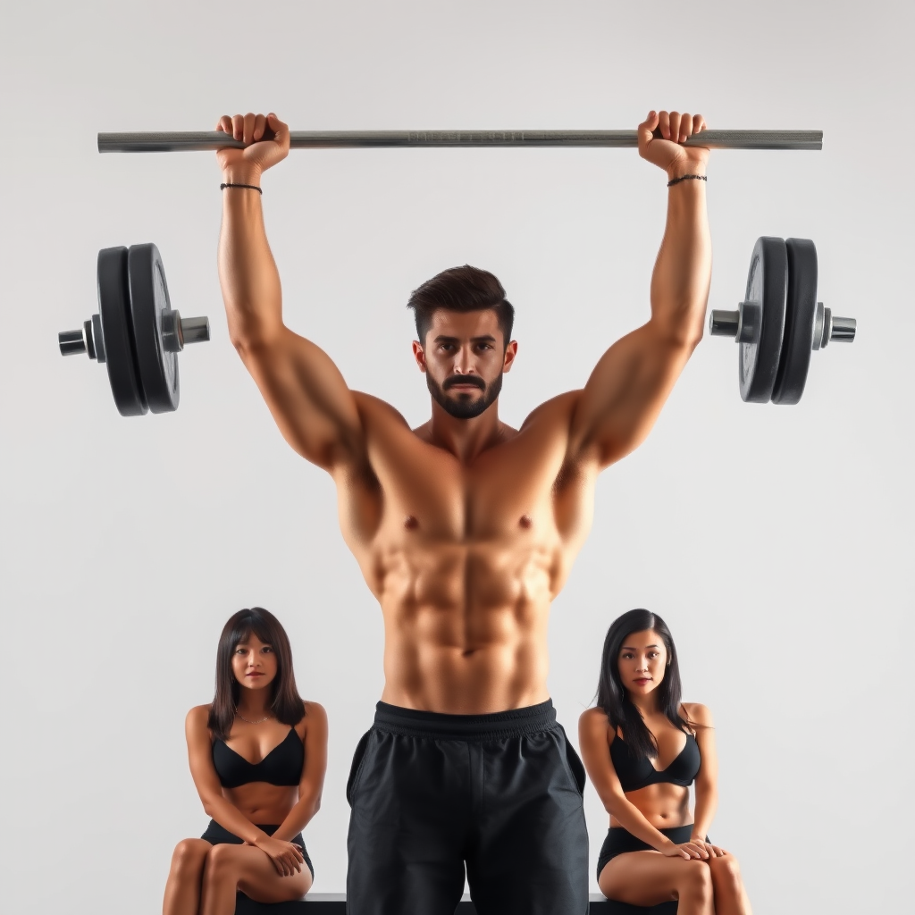 A fit man lifting a barbell overhead, flanked by two women in athletic wear, all against a plain backdrop.