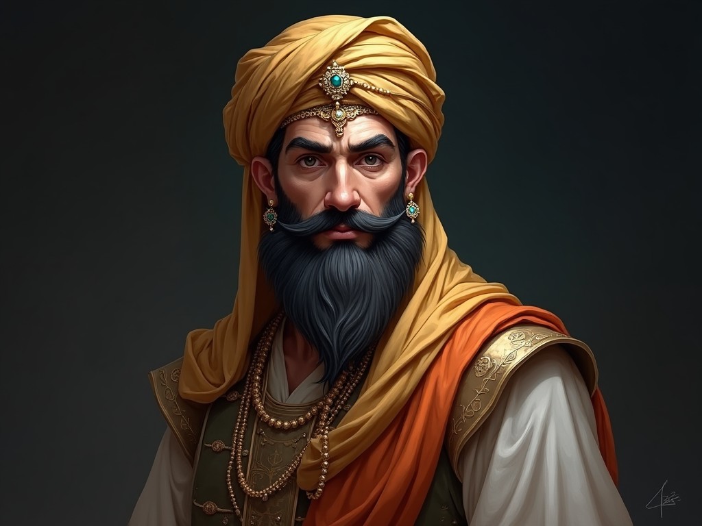 Create a fantasy character inspired by Middle Eastern folklore. He should be a wise and masterful figure, wearing a turban and traditional attire. His expression should convey intelligence and confidence. Jewelry like earrings and a headpiece add to his regal appearance. The background should be dark to draw focus on his commanding presence.