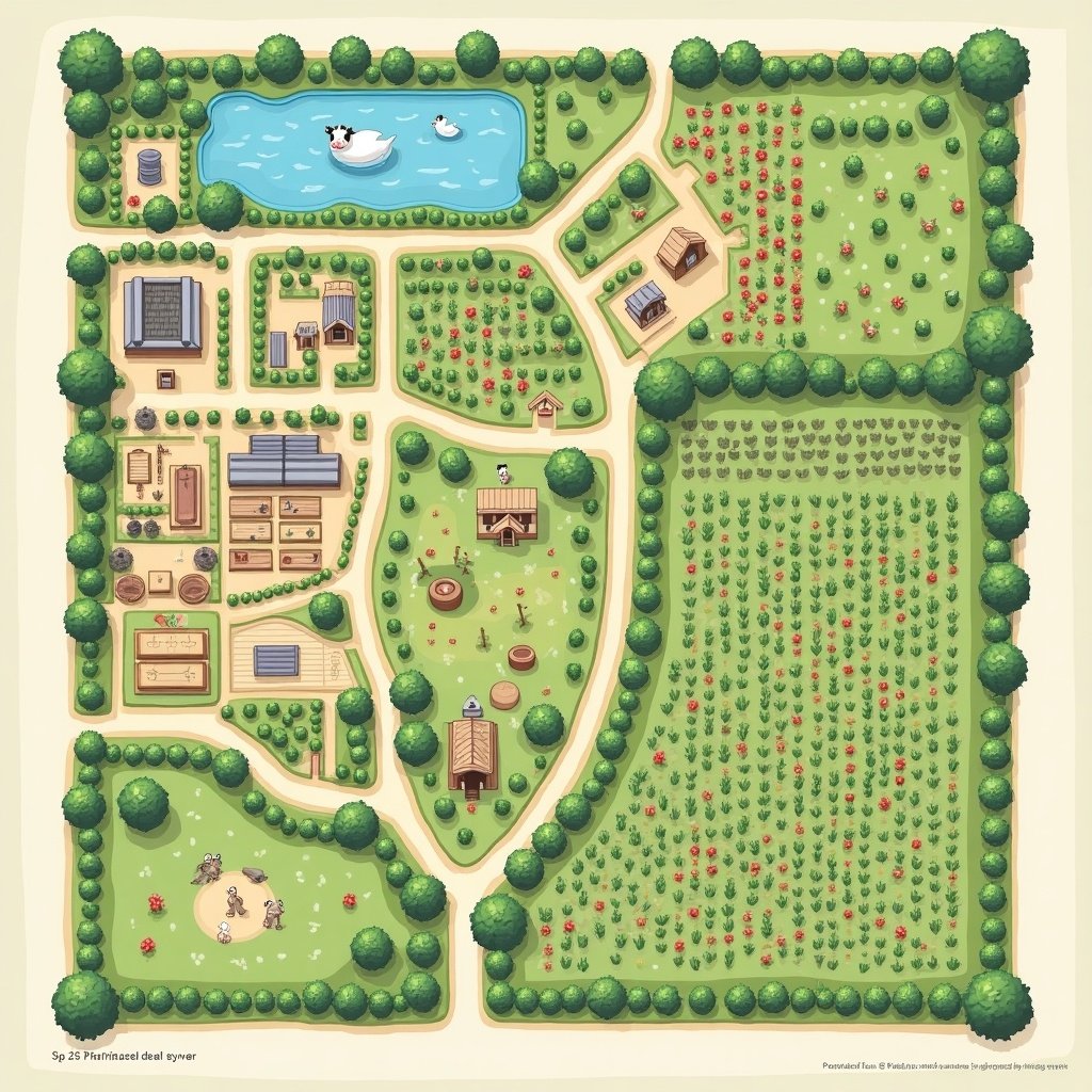 Detailed layout of a 2.5-acre farm. Includes five main sections such as a dairy unit for cows, a pond for ducks and fish, a horticulture section with fruit plants, a crop production area divided into plots, and pathways for movement. Each area has specified dimensions.