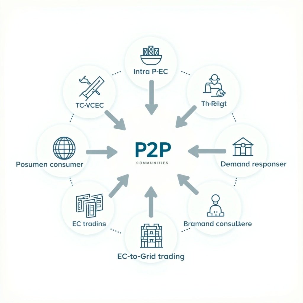 Conceptual 2-D diagram illustrating services for Energy Communities. Shows two-way trading systems and demand response mechanisms. Includes interconnections among stakeholders. Features icons representing photovoltaics, buildings, grid, and energy platforms. Represents intra EC trading, EC-EC trading, EC-to-Grid trading, prosumer-consumer, prosumer-prosumer.