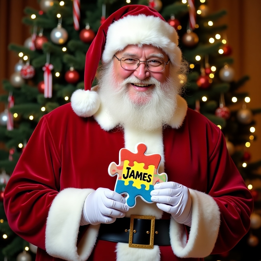 The image features a cheerful Santa Claus standing in front of a beautifully decorated Christmas tree. He has a big smile, showcasing his white beard and wearing a traditional red and white Santa outfit. In his hand, he holds a colorful puzzle piece with the name 'James' written on it. The tree is adorned with shiny ornaments and twinkling lights, contributing to a warm holiday atmosphere. This scene reflects joy, inclusivity, and a special message of support for autism awareness.