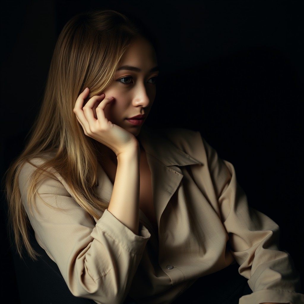 A thoughtful woman in a beige blouse sits in dim lighting, casting deep shadows.