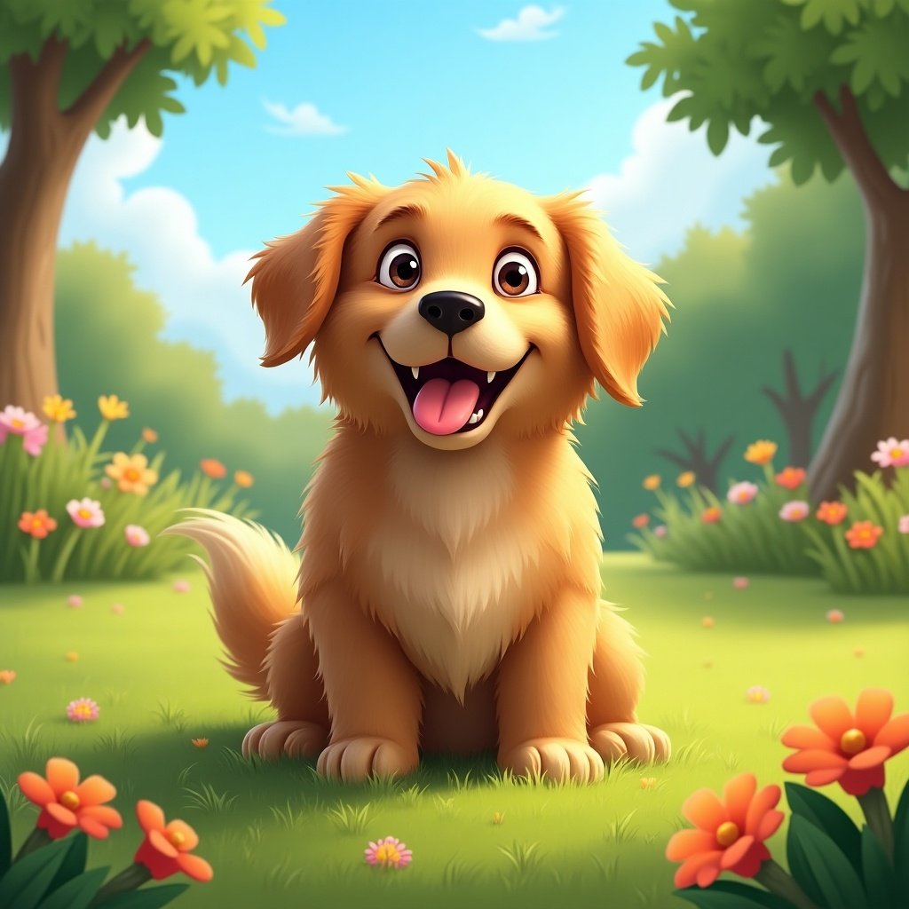 The image showcases a joyful golden retriever puppy sitting in a sunny meadow filled with colorful flowers. The puppy has an adorable expression, with its tongue out and eyes bright, capturing the essence of happiness. In the background, there are lush green trees and a clear blue sky, creating a warm and inviting atmosphere. This cheerful scene is perfect for evoking a sense of joy and playfulness. The vibrant colors and cute character make it ideal for various uses, especially in pet-related contexts.