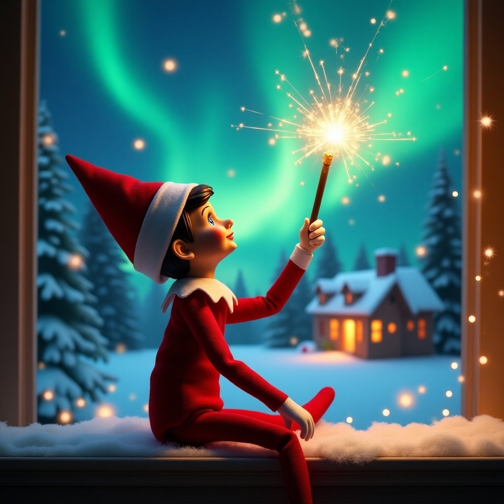 An elf on the shelf sits with its back to the viewer. The elf gazes skyward while holding a glowing wand. A charming Christmas scene is shown with colorful northern lights. A cozy house can be seen in the distance. Snow is on the ground. The elf embodies magic and wonder of Christmas. The name 'Bella Mia & Luca' appears in the air from the wand.