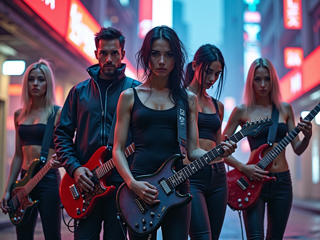 In a vibrant city street adorned with neon lights, a group of edgy musicians, dressed in black attire, stand confidently with electric guitars in hand. The scene is infused with an aura of rebellion and modern style, framed by the futuristic urban backdrop. Their intense expressions are highlighted by the colorful glow from the signage, adding to the image's dynamic and bold aesthetic.