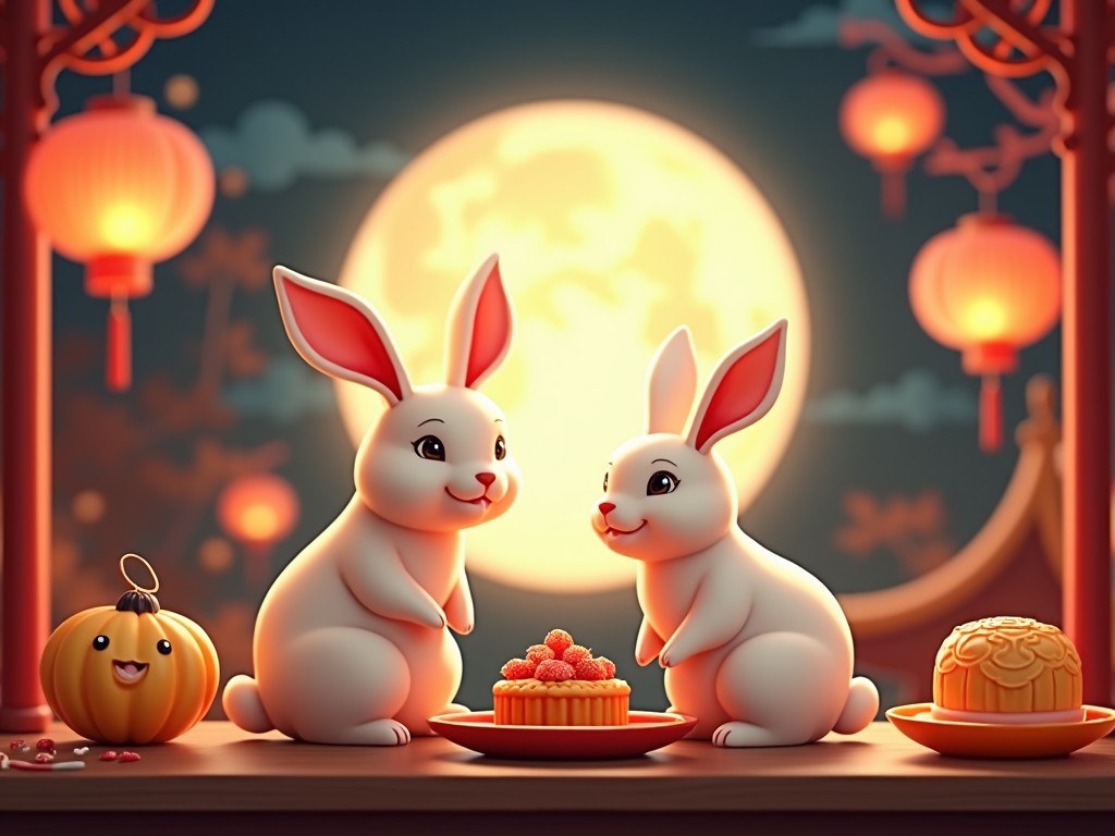 A whimsical digital illustration of two cute rabbits sitting at a table with mooncakes and a smiling pumpkin under a large, full moon. The background features hanging red lanterns and a traditional decorative style, evoking a festive mood.