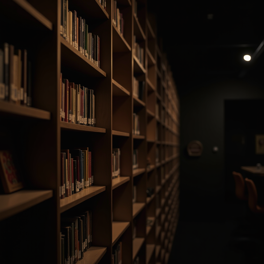 The image showcases a dimly lit library corridor with tall wooden bookshelves filled with neatly arranged books. The lighting is subtle, creating a serene and cozy atmosphere. The shelves recede into the darkness, adding depth and a sense of endless exploration. At the end of the corridor, a few chairs are visible, suggesting a reading area. The overall ambiance is quiet, inviting contemplation and study.