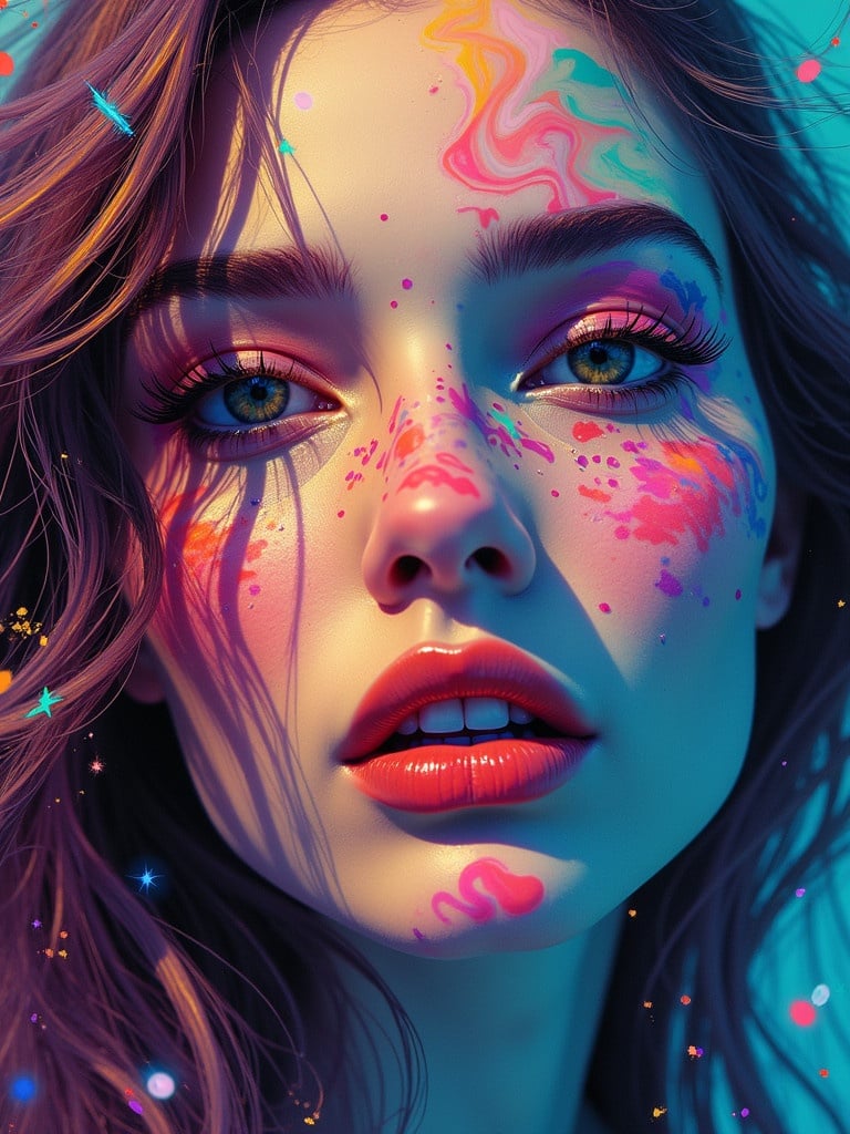 Vibrant surreal portrait. Blending colors and patterns. Psychedelic artwork. Colorful abstract elements. Modern artistic expression.