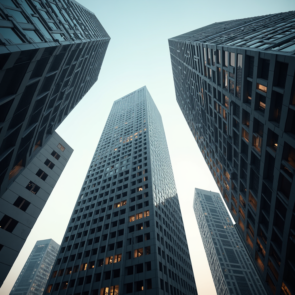 A dramatic upward view of modern skyscrapers against a pale sky.