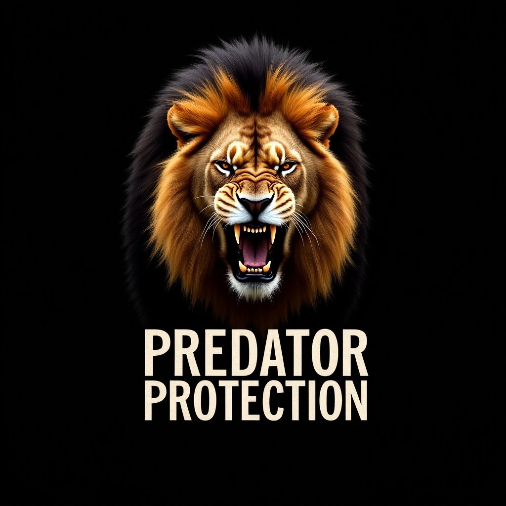 This image features a fiercely roaring lion with a richly detailed mane against a solid black background. The emphasis is on the lion's expressive face, embodying power and ferocity. Below the lion, the words 'PREDATOR PROTECTION' are boldly displayed. The color scheme includes browns and golds for the lion and a stark, contrasting black background. The design suggests themes of wildlife conservation and the protection of predators in their natural habitat.