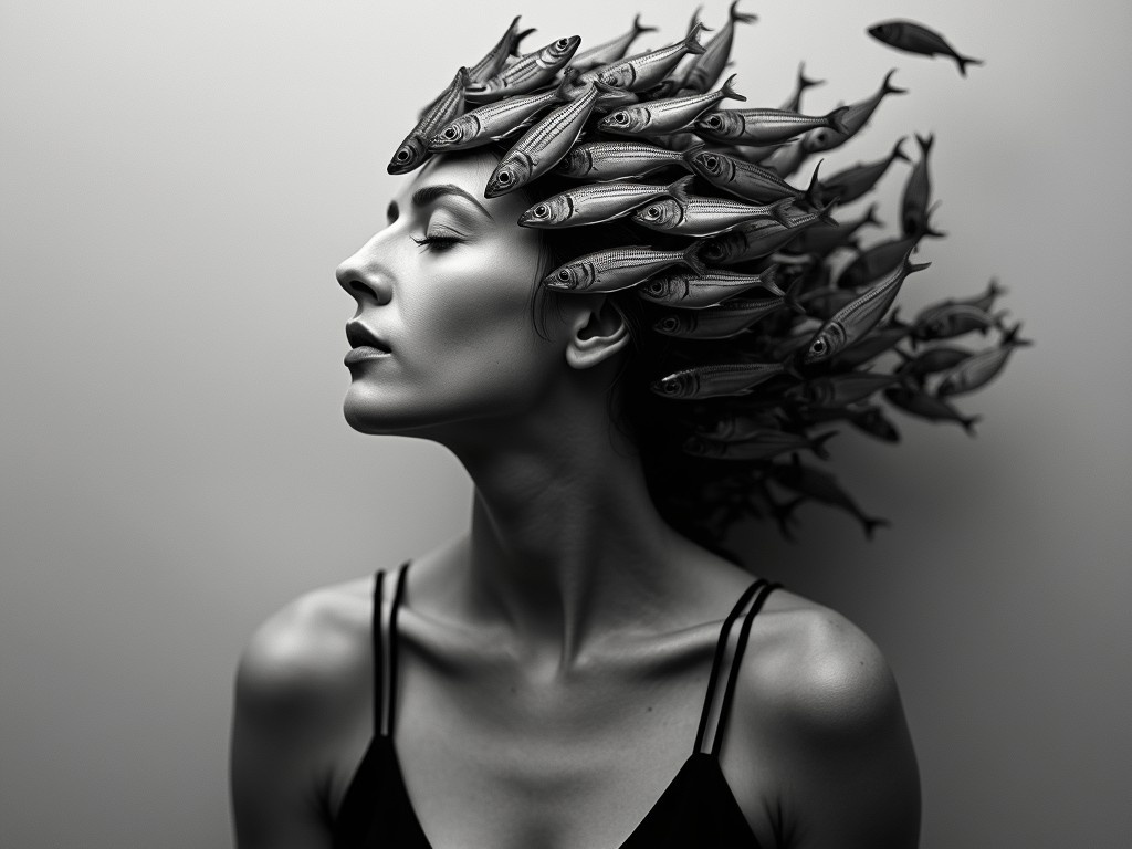 This striking black and white image features a surreal juxtaposition of a woman's face seamlessly blended with a school of fish forming her hair. The fish appear to be swimming outward in a dynamic, fluid motion, enhancing the sense of movement and surrealism. The woman's serene expression complements the otherworldly aesthetic of the scene.