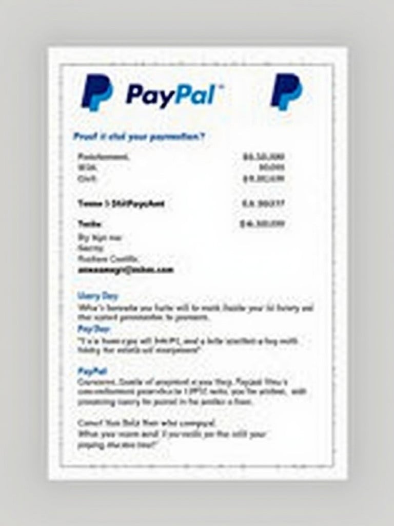 Document shows proof of payment from PayPal. Payment directed toaneaneagru@yahoo.com. Receipt has recognizable PayPal design. Layout emphasizes clarity with bold text and simplified background. Completed transaction of $20.