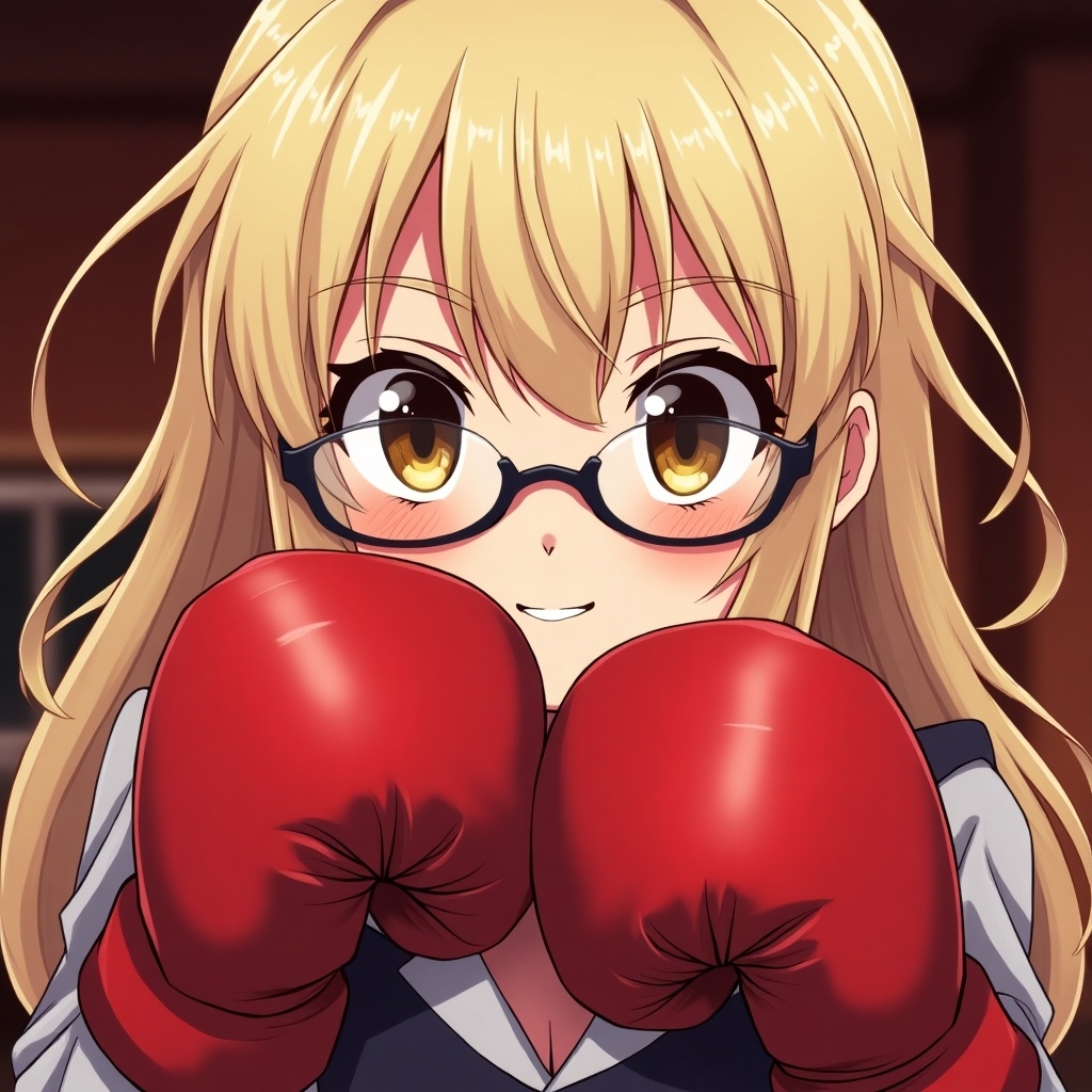 Anime character with blonde hair and glasses. Character has brown eyes. Wearing red boxing gloves. Smiling with a playful devilish expression. Stylish and dynamic pose.