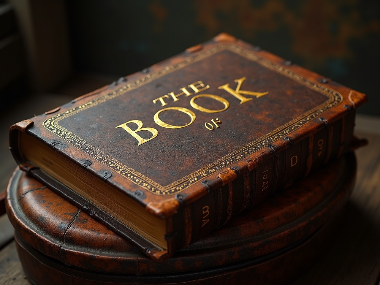 This image features an old, thick leather book resting on a circular wooden base. The book is dusty and shows signs of aging, emphasizing its vintage character. The cover prominently displays the words 'THE BOOK OF' in capital letters, elegantly embossed in gold. The lighting is warm and soft, creating an inviting atmosphere that highlights the textural details of the leather. This book is perfect for evoking a sense of nostalgia and literary charm.