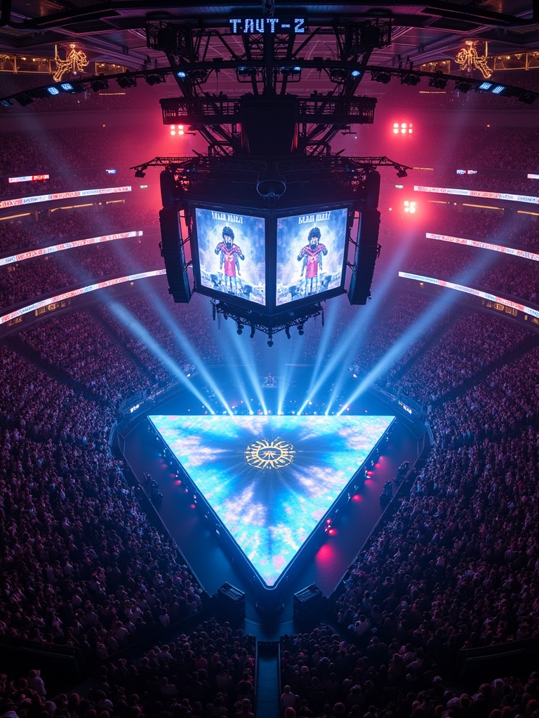 Travis Scott performs at Madison Square Garden. 360 concert stage with a T-shaped stage design. Aerial view captured from a drone. Packed audience watching the performance.