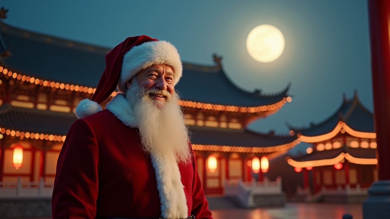 Cinematic image features Santa standing in front of a traditional Chinese temple. Warm smile directed towards the camera. Bright moon appears in the evening sky. Scene captures magic hour. Hyper-realistic details. Shot on Arriflex.