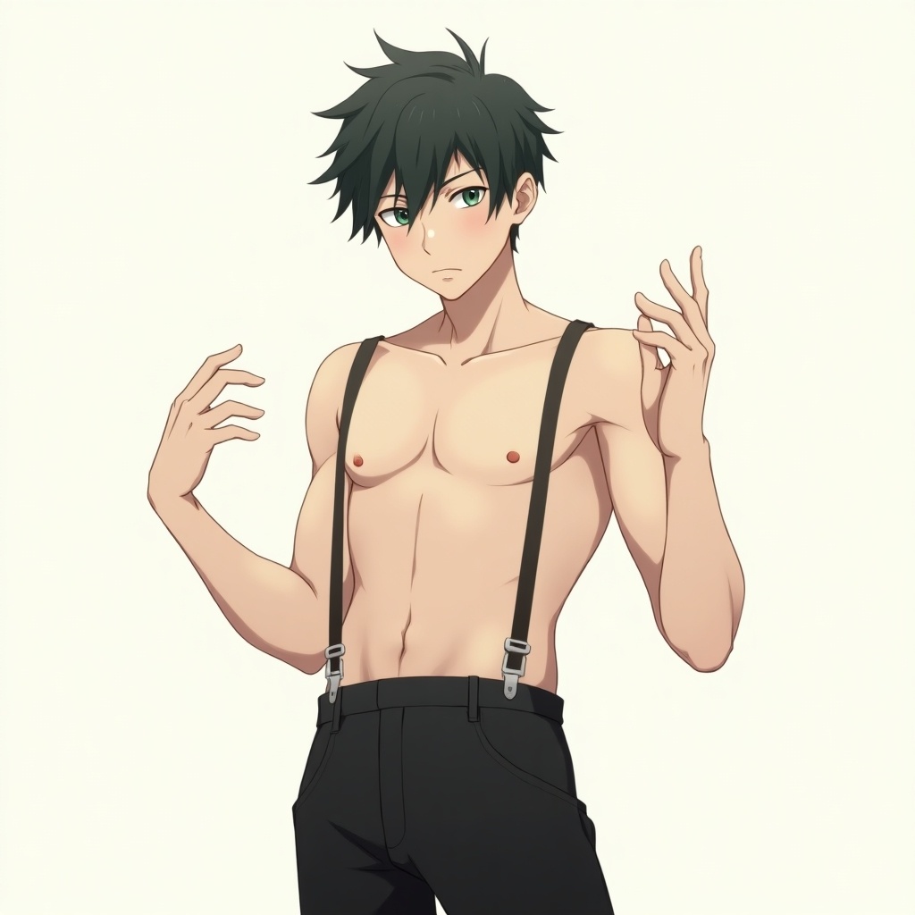 Anime boy with green eyes and fade haircut. Shirtless with black pants. Thoughtful expression. Light background enhances dark attire. Hands raised.