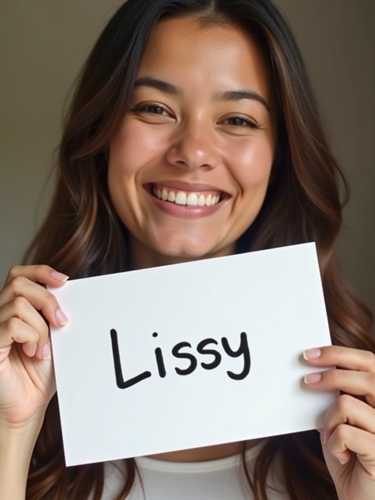 A smiling person holds a piece of paper. The paper has a handwritten name 'Lissy'. The person has a joyful expression. Right arm and hand are fully visible.