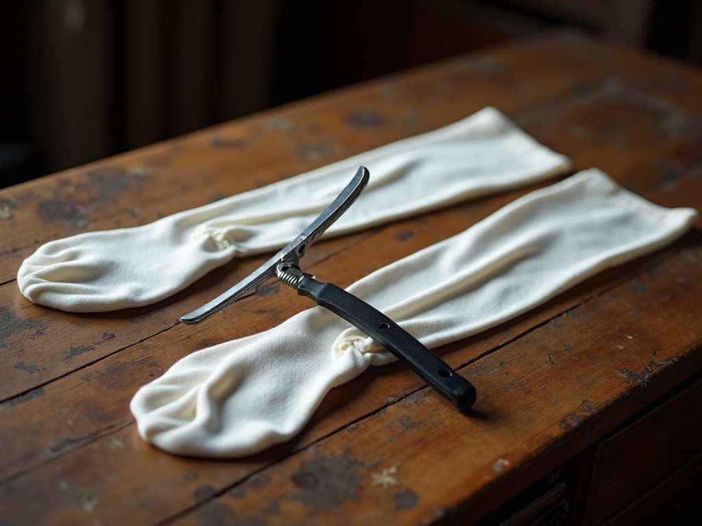 The image features two white stockings placed on a wooden table. A black straight razor is positioned between them, creating a contrast of materials. The soft lighting enhances the textures of the fabric and the polished surface of the razor. This composition evokes a sense of vintage craftsmanship. The combination of textiles and tools suggests themes of fashion and artistry. Perfectly captured, this scene invites viewers to explore the stories behind the items.