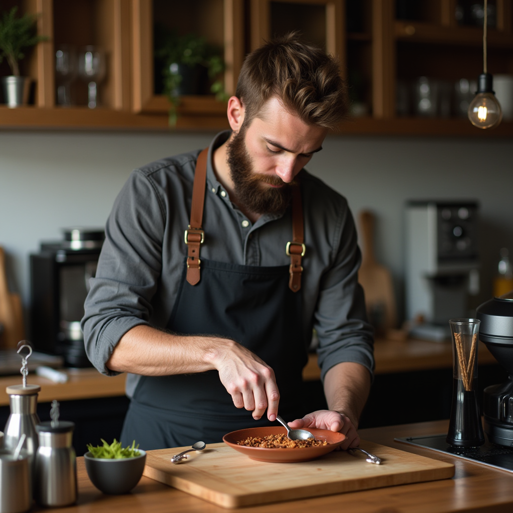 A bearded man in an apron carefully prepares a dish in a modern kitchen.