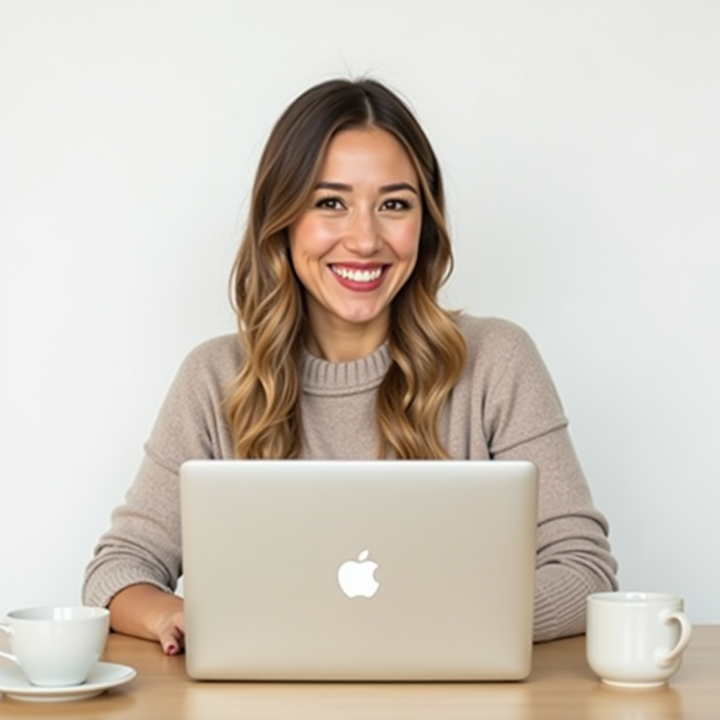 A smiling woman working at a laptop with two coffee mugs on the table.