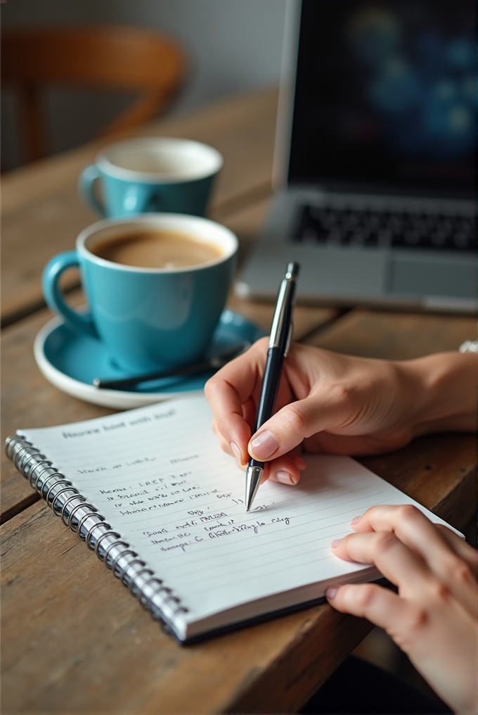 A person writes in a notebook next to a cup of coffee and a laptop on a wooden table.