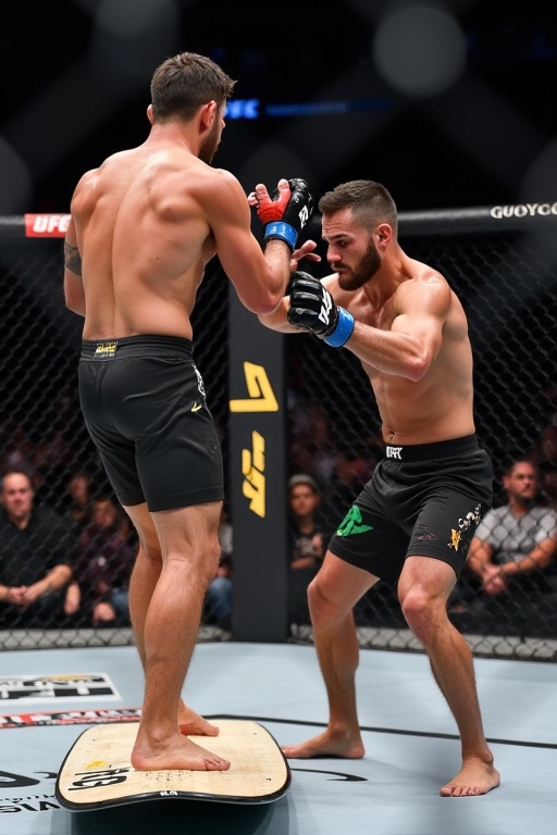 Two UFC fighters engage in intense combat in the octagon. One fighter is in a Wing Chun stance ready to engage. The other fighter balances on a surfboard showcasing their skills and athleticism. The audience in the background is excited. The event takes place in a UFC arena.