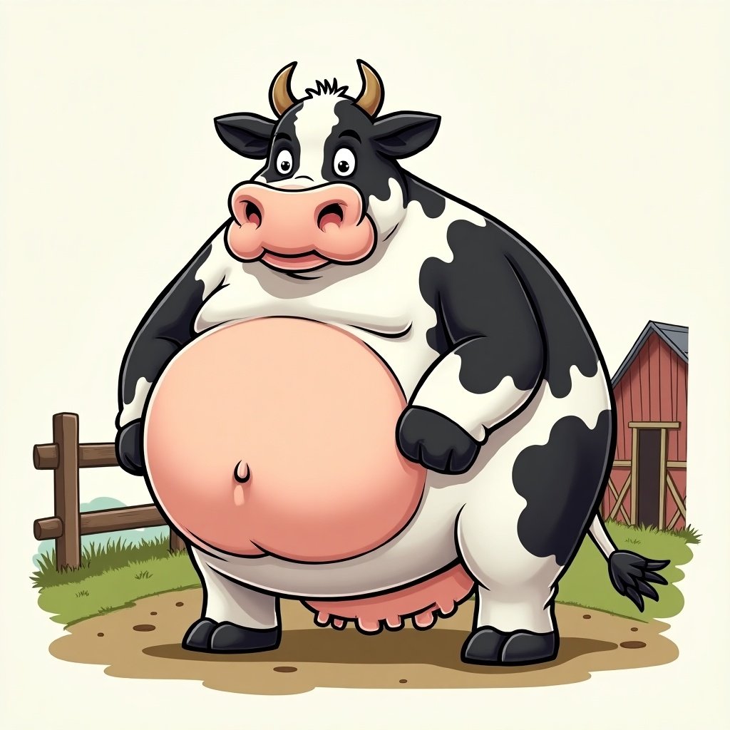 A cartoon cow with an exaggeratedly large belly. The cow has distinct black and white spots. Its expression is friendly and humorous. The background includes a rustic farm setting with a barn and a fence.