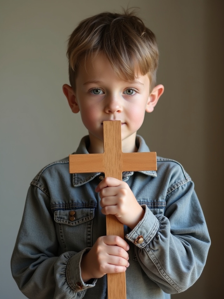 A young boy holds a wooden cross in his hands. The boy shows a serious expression while making a no sign with one hand. The background is softly lit, creating a warm atmosphere. The boy wears a denim jacket and has light brown hair.