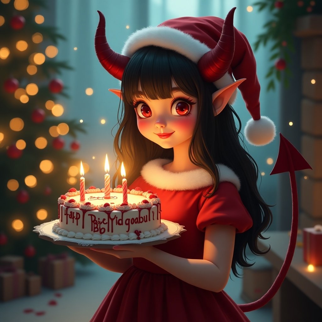 Magical Christmas scene featuring a devil girl in a Santa hat and red dress. Girl holds a birthday cake with message. Warm and festive atmosphere.