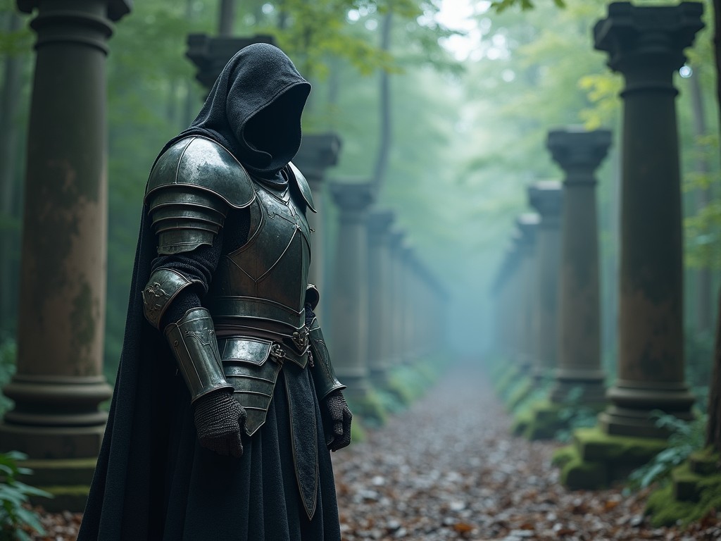 A mysterious figure stands in a foggy forest, surrounded by ancient stone columns. The figure is clad in intricate armor and wears a dark hood that obscures their face. This scene evokes a sense of adventure and intrigue. The forest is lush and green, with soft light filtering through the trees. The path is covered with leaves, leading deeper into the mystical surroundings.