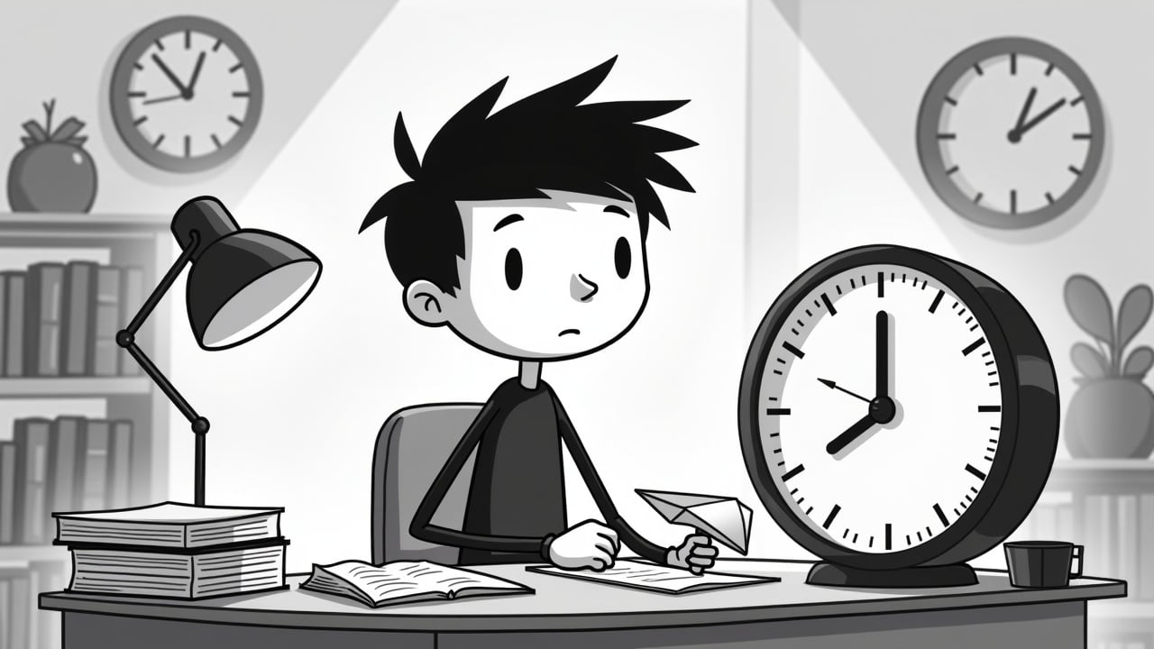 This image features a minimalistic black-and-white illustration of a stick figure seated at a desk. In his right hand, he holds a pen, and in his left, a paper airplane. The desk is cluttered with books and papers, emphasizing a busy homework session. In front of him is a large clock, suggesting a focus on time management. Two clocks are positioned on the wall in the background, adding to the study environment.