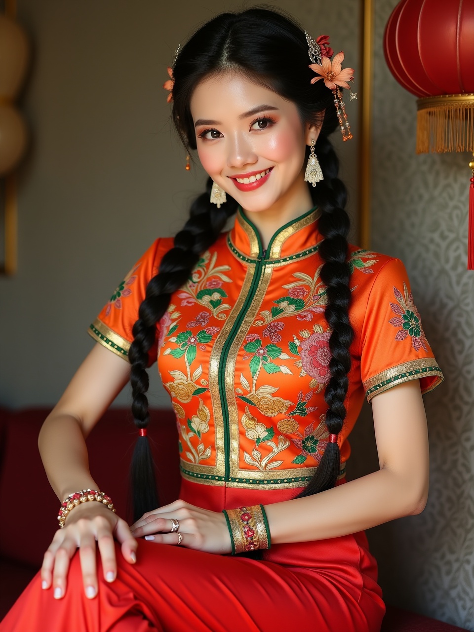 a smiling woman in traditional Asian attire with braided hairstyle sitting against a warm backdrop, soft lighting, cultural elements including an ornate dress with floral design and a red lantern in the background