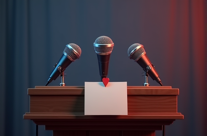 A wooden podium with three microphones and a white card adorned with a red heart against a backdrop of blue and red lighting.