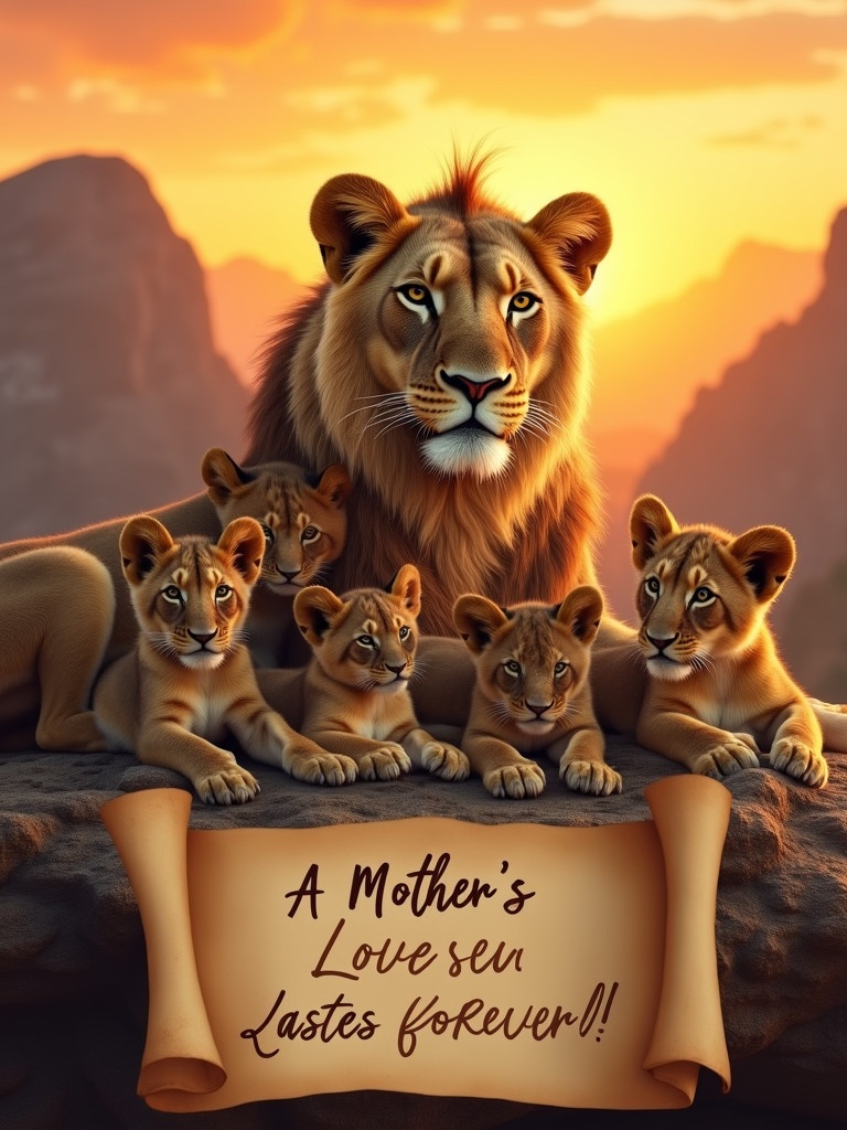 Majestic lioness rests with five adorable cubs at sunset. Towering mountains create the backdrop. Warm golden hues wash over the scene. A scroll with the message A MOTHER'S LOVE LASTS FOREVER unfurls. Creates a powerful image of love and unity.