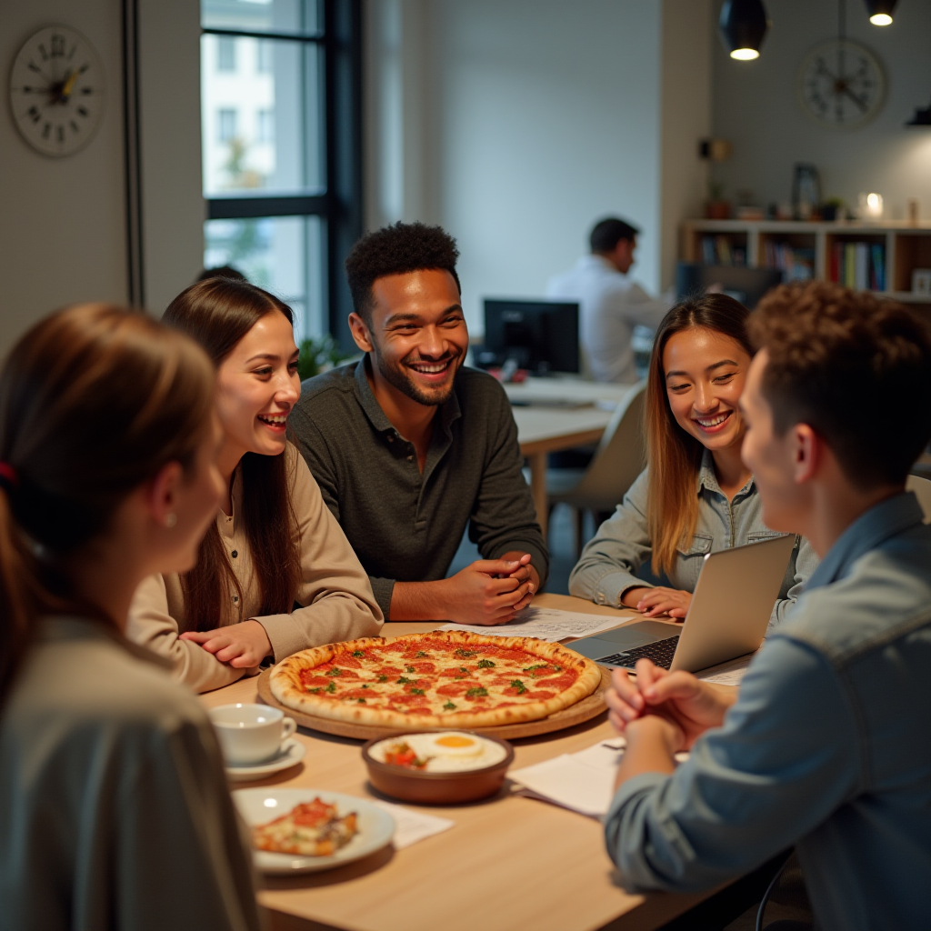 The image depicts a group of five young adults gathered around a table in an office setting. They appear to be engaged in a friendly conversation, smiling and laughing together. On the table, there is a large pizza, some small plates, and cups, suggesting a meal or snack break. The background shows a modern office environment with desks and a clock on the wall, indicating a casual yet professional setting. The atmosphere is relaxed and social, highlighting camaraderie among colleagues.