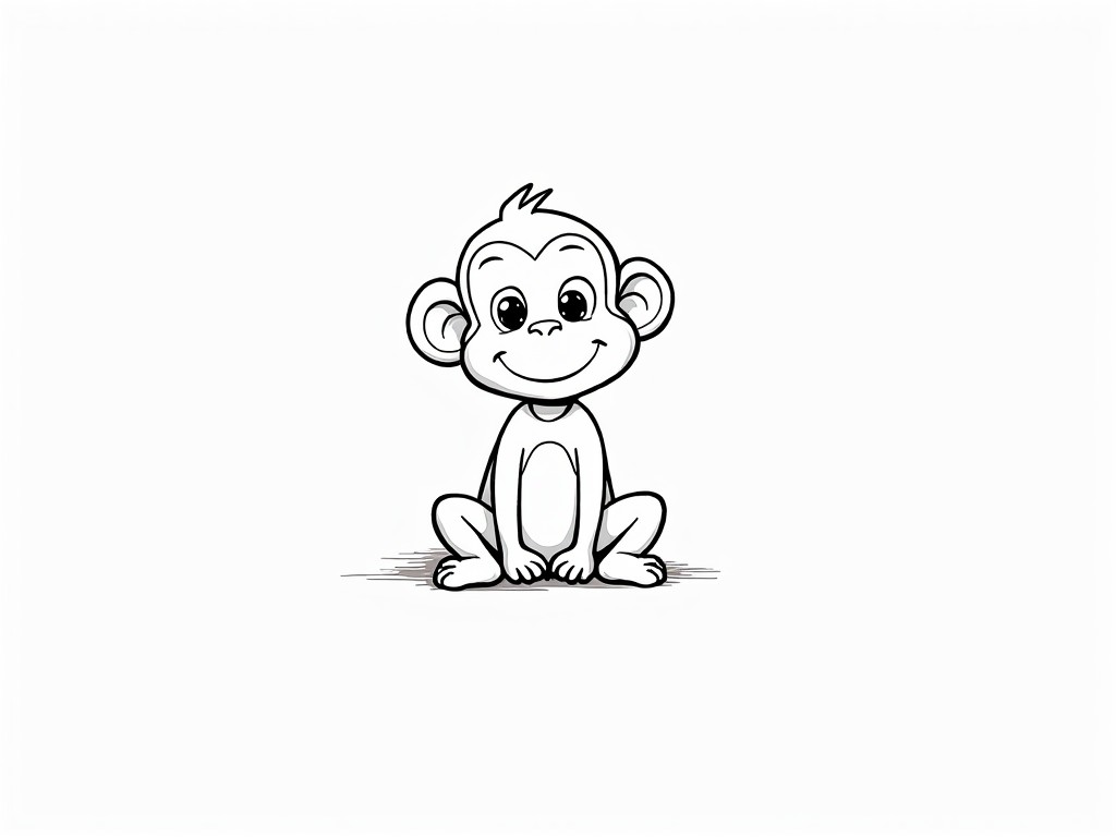 The image features a delightful cartoon-style illustration of a smiling monkey sitting down. The monkey is drawn in a simple black and white outline, showcasing its expressive eyes and playful demeanor. Its cute appearance makes it ideal for children's materials or lighthearted themes.